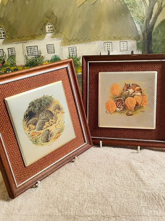 Set of 2 Vintage 1970’s Metallic Picture Frames – Hedgehog & Mouse by John Heaton