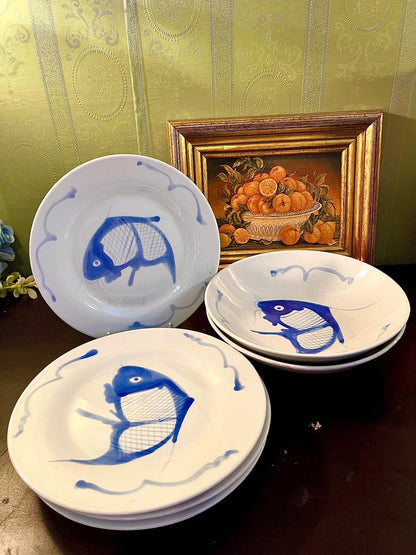 Vintage Blue Fish Porcelain , 4 medium plates ,2Pasta Bowl Set – 6 Pieces