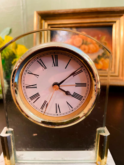 Vintage Glass Mantel Clock with Roman Numerals 5 Inch Desk Clock