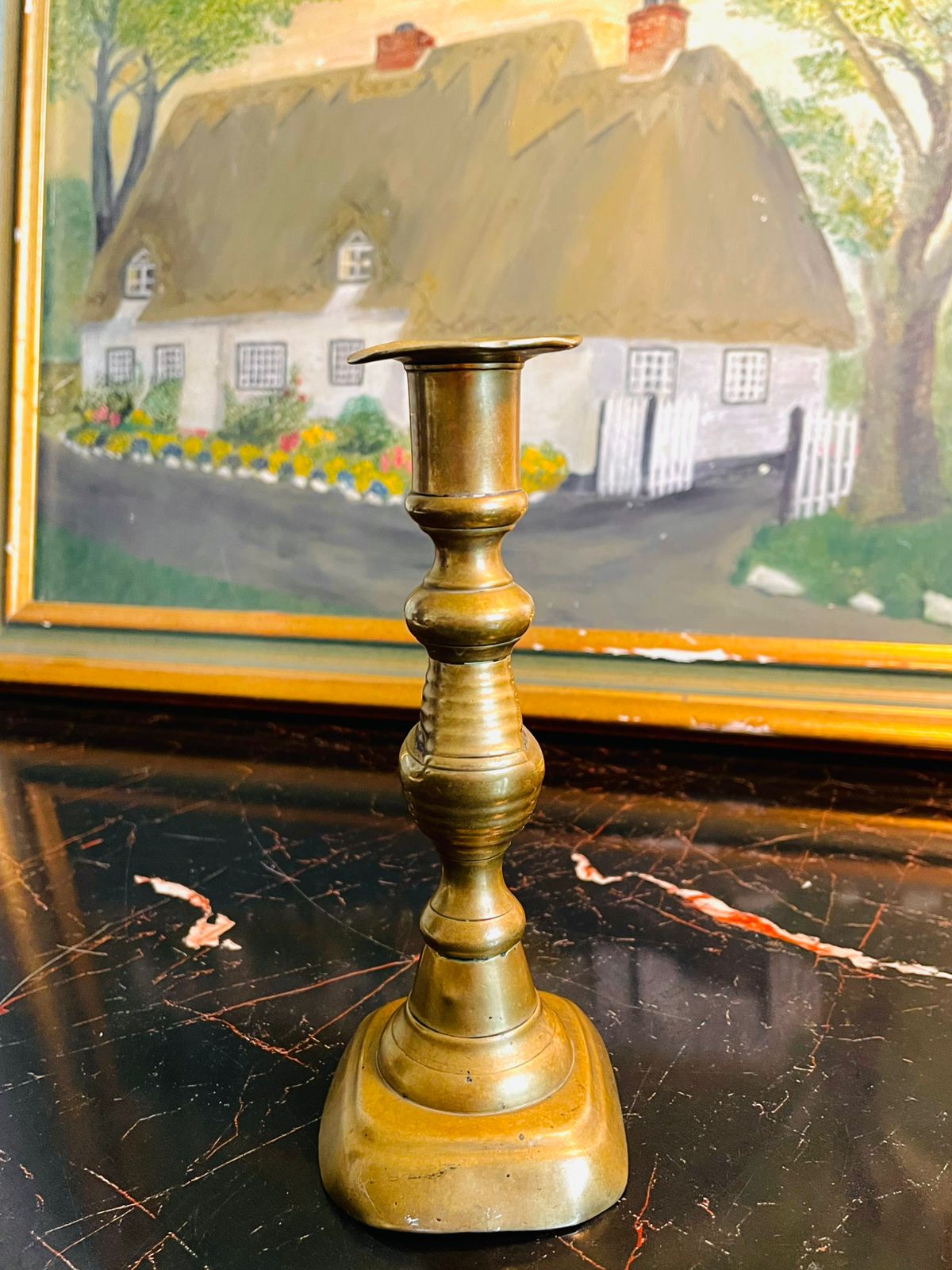 Vintage Brass Candlestick – Detailed Turned Mid-Section, Square Base