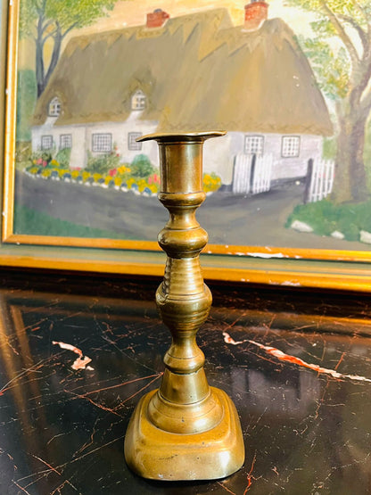 Vintage Brass Candlestick – Detailed Turned Mid-Section, Square Base