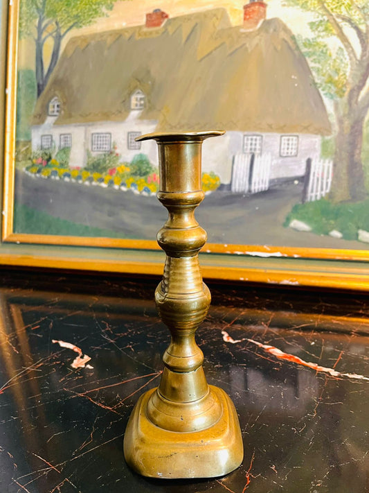Vintage Brass Candlestick – Detailed Turned Mid-Section, Square Base