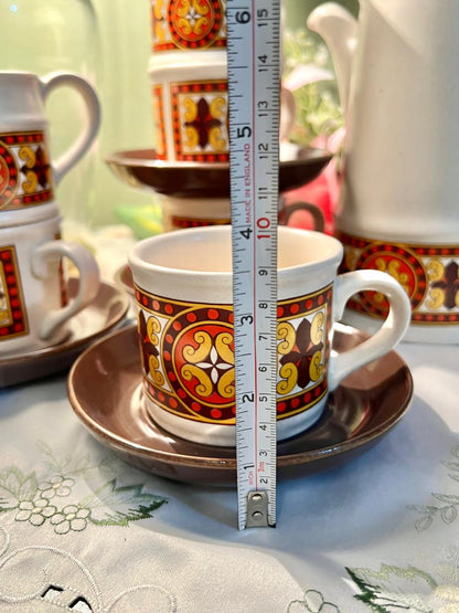 Vintage Badler England Coffee Set – Retro 1970s Geometric Pattern, 4 Cups & Saucers with Coffee Pot and Creamer