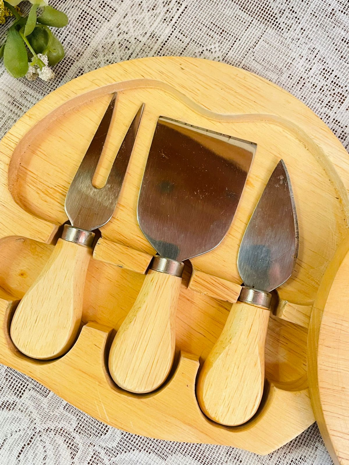 Vintage Wooden Cheese Cutting Board with Knife Set