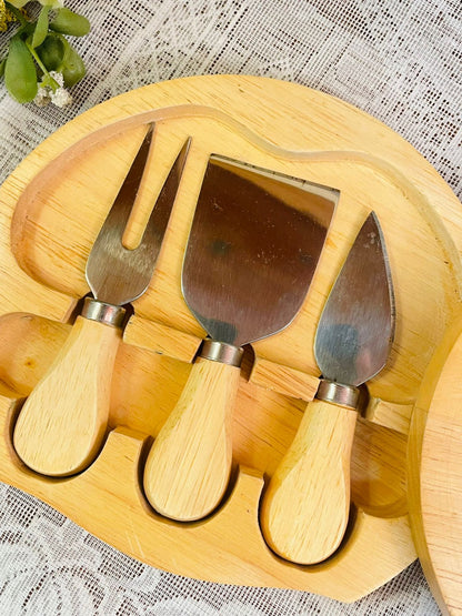 Vintage Wooden Cheese Cutting Board with Knife Set