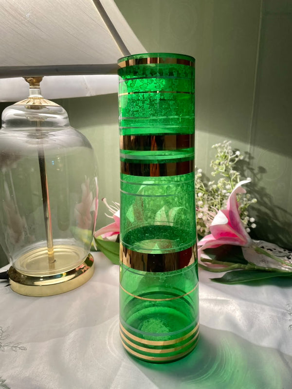Vintage Green Crystal Cylinder Vase 12 Inch