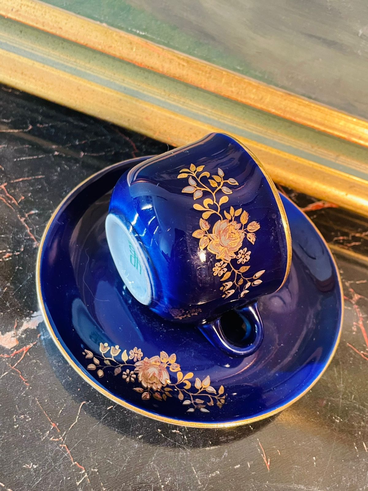 Vintage Sunlit Park Japan Cobalt Blue Mini Cup & Saucer – Hand-Painted Gold Floral Design – 2.5 Inches