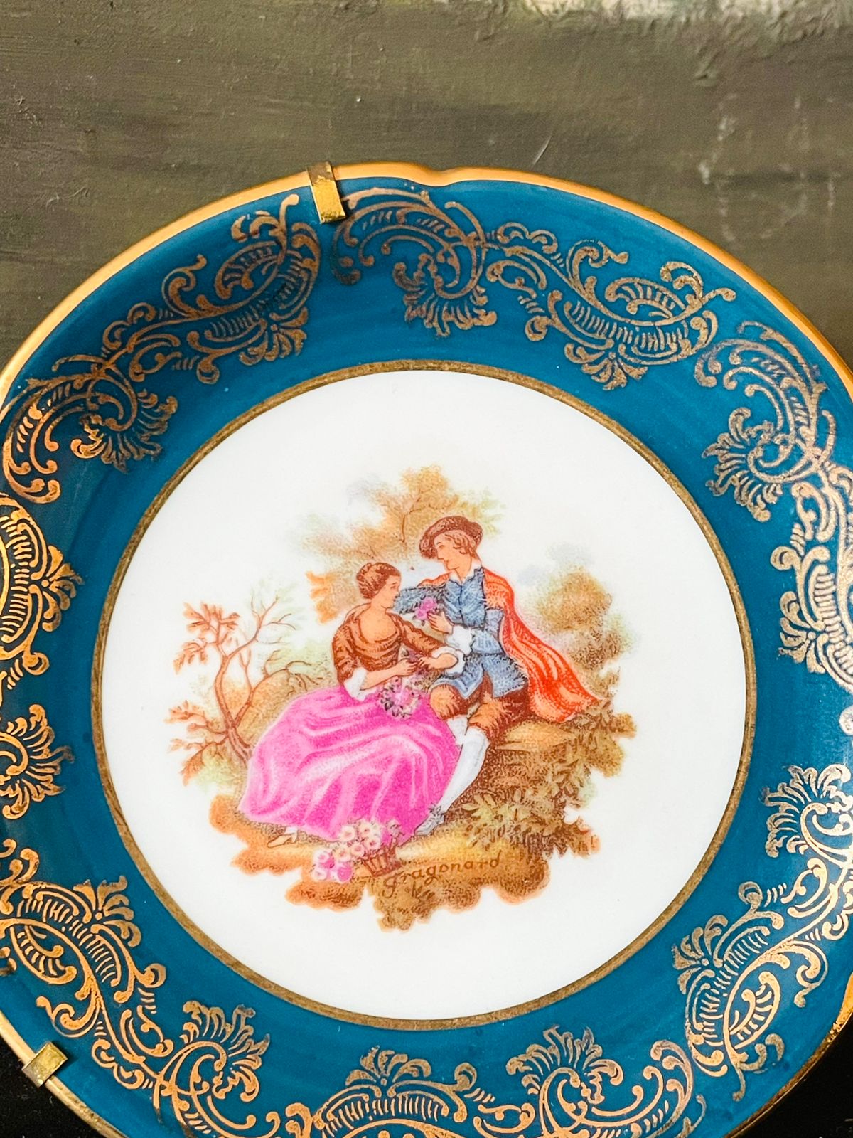Limoges France Mini Decorative Plate – Rococo Courting Scene with Gold Scrollwork