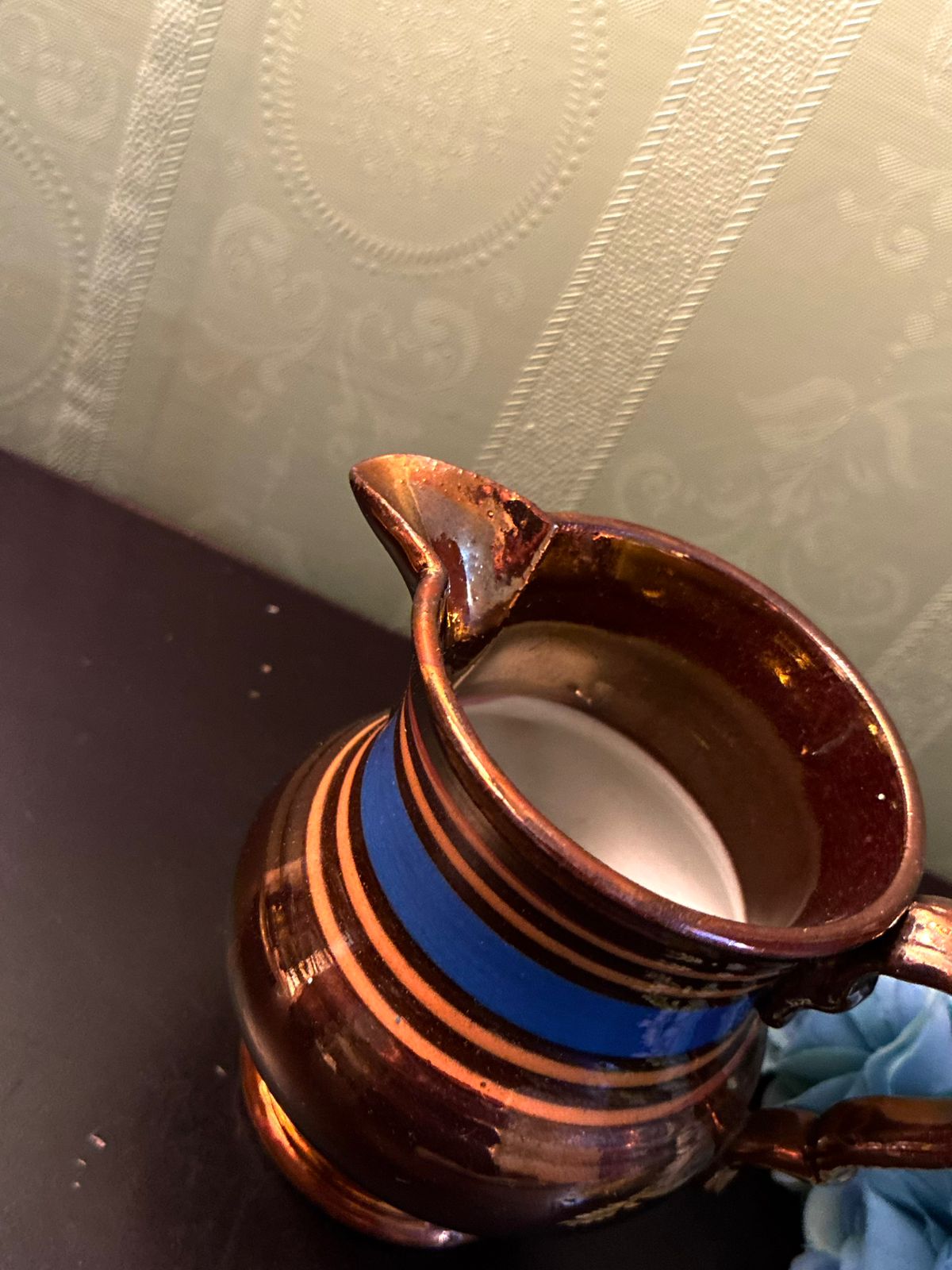 Vintage Brown Lustreware Jug Blue Stripe Ceramic Pitcher
