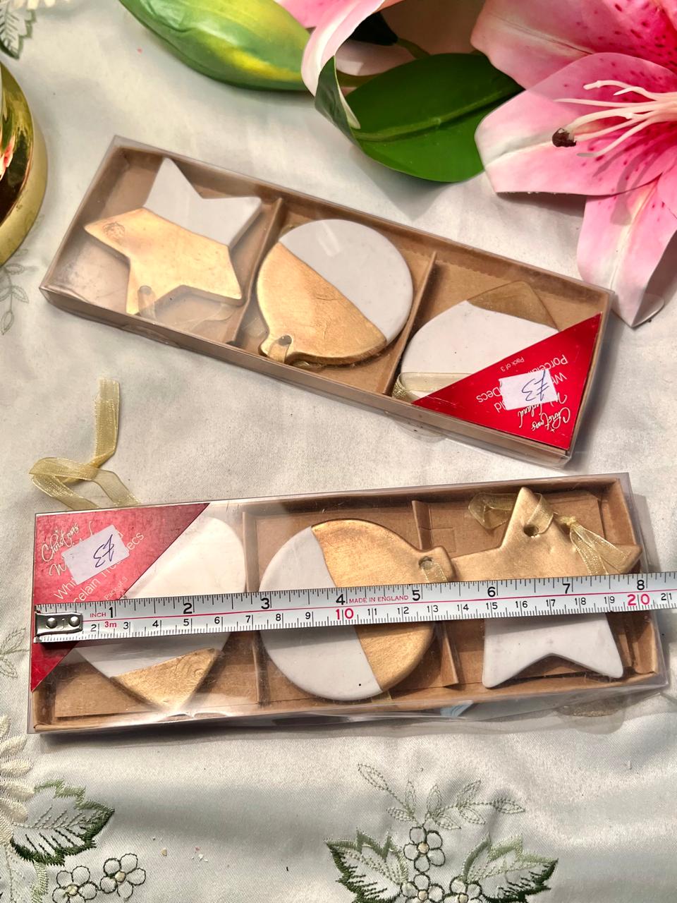 Gold & White Hanging Ornament Set – 3 Pieces