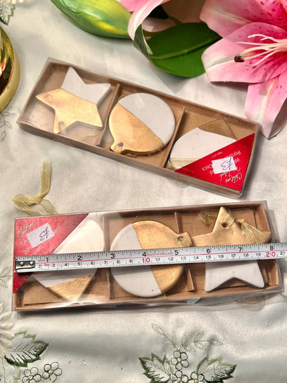 Gold & White Hanging Ornament Set – 3 Pieces