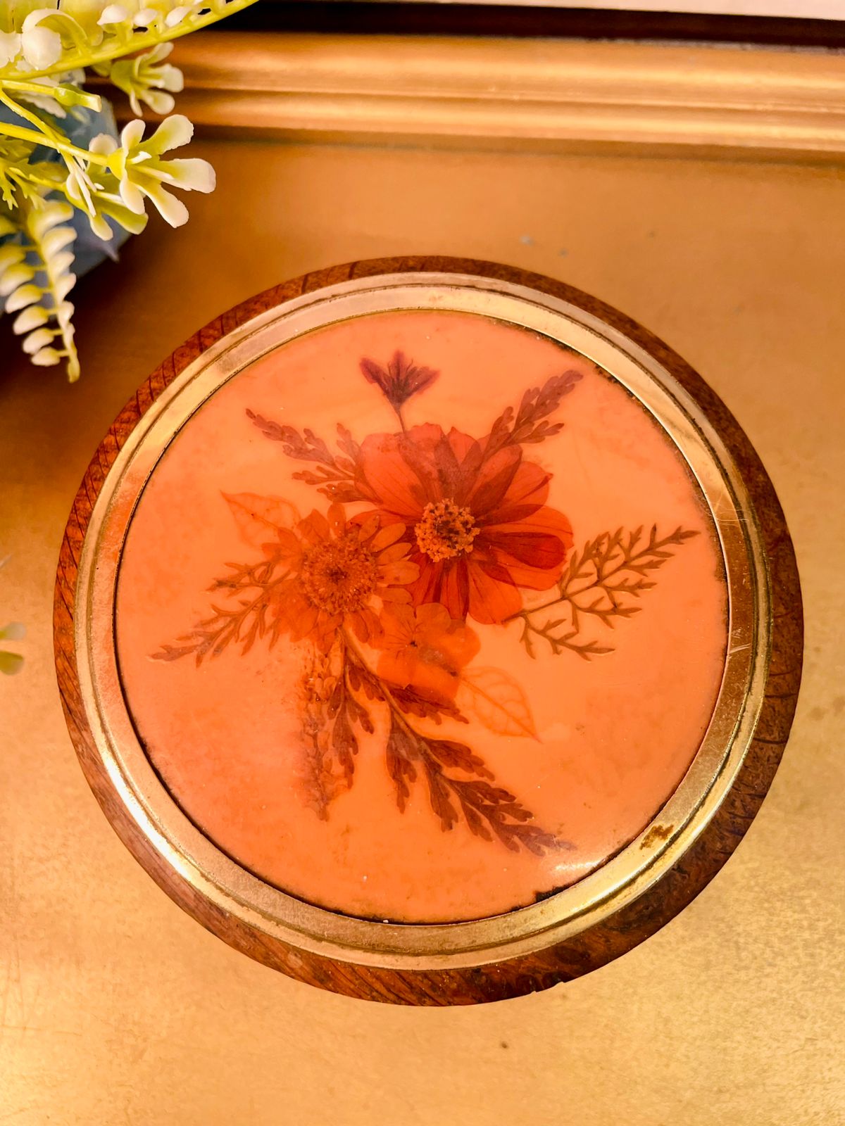 Vintage Wooden Floral Trinket Box with Brass Lid