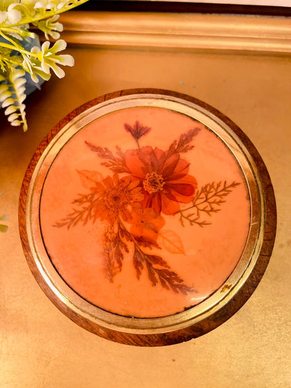 Vintage Wooden Floral Trinket Box with Brass Lid