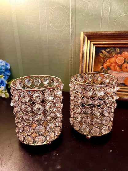 Set of 2 Crystal Beaded Rose Gold Tealight Holders – 5 Inch