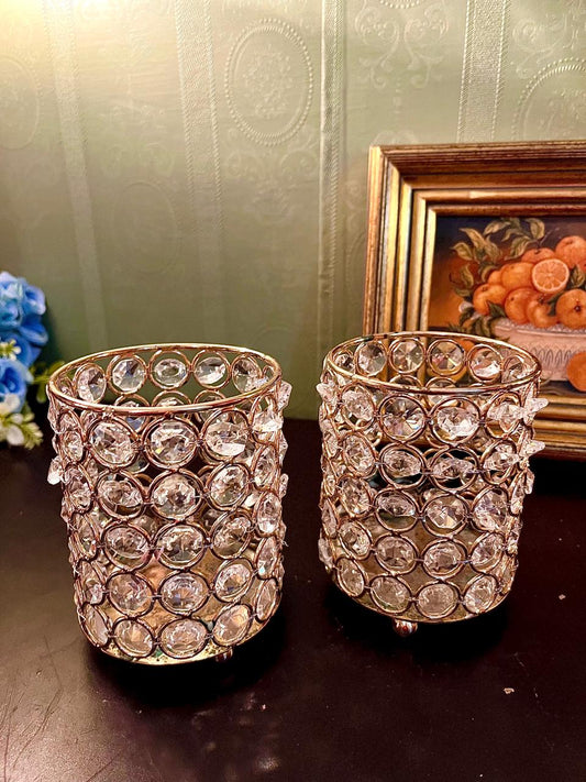 Set of 2 Crystal Beaded Rose Gold Tealight Holders – 5 Inch