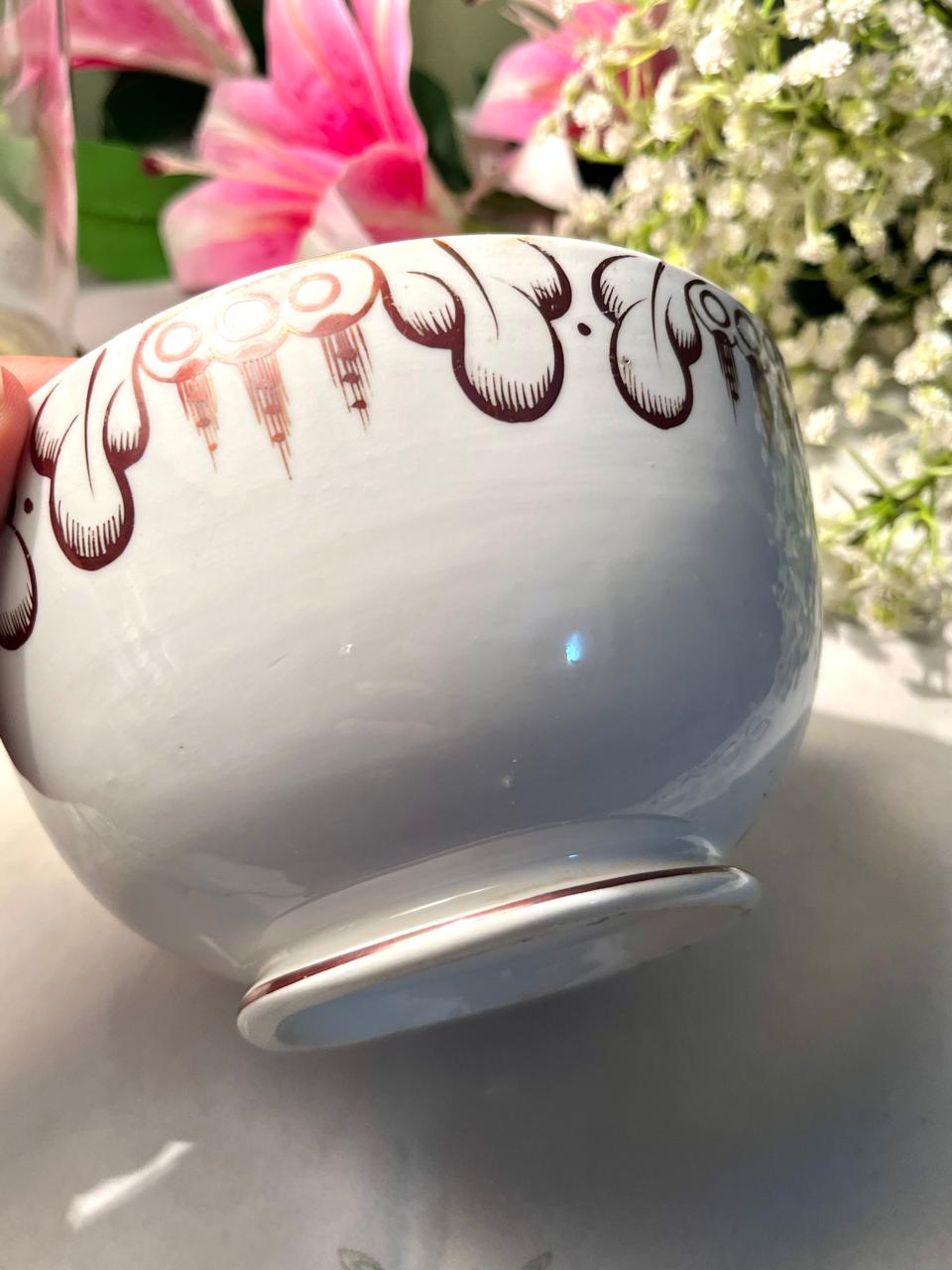 Vintage White Ceramic Serving Bowl Brown Floral Design 6 Inch