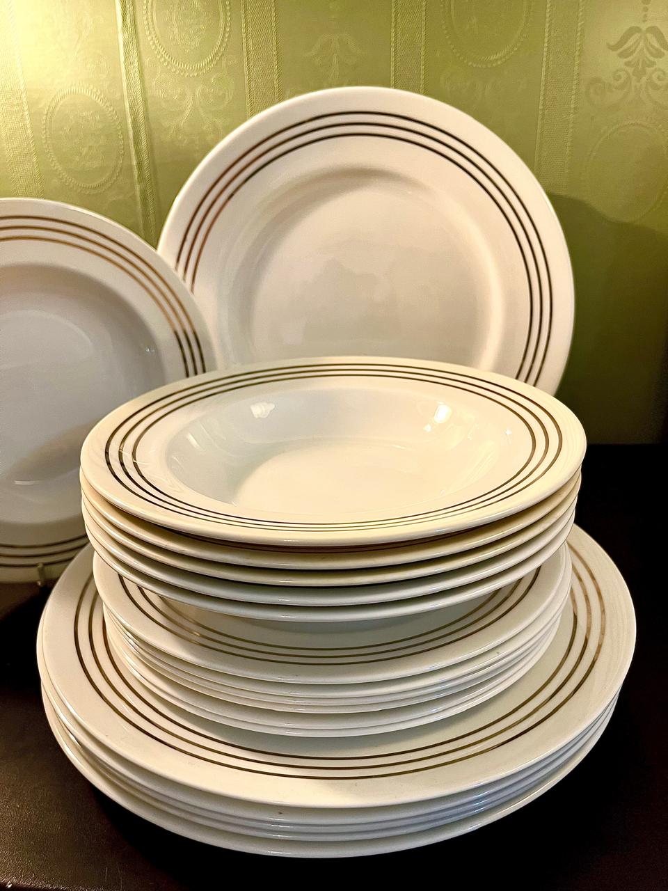 HOME brand 18-Piece White Tableware Set with Triple Gold-Tone Lines