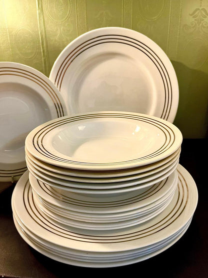 HOME brand 18-Piece White Tableware Set with Triple Gold-Tone Lines