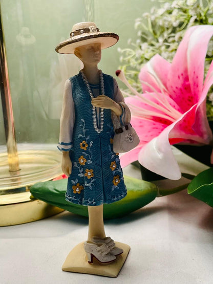Vintage Lady Figurine in Blue Floral Dress & Wide-Brim Hat – Approx. 14 cm
