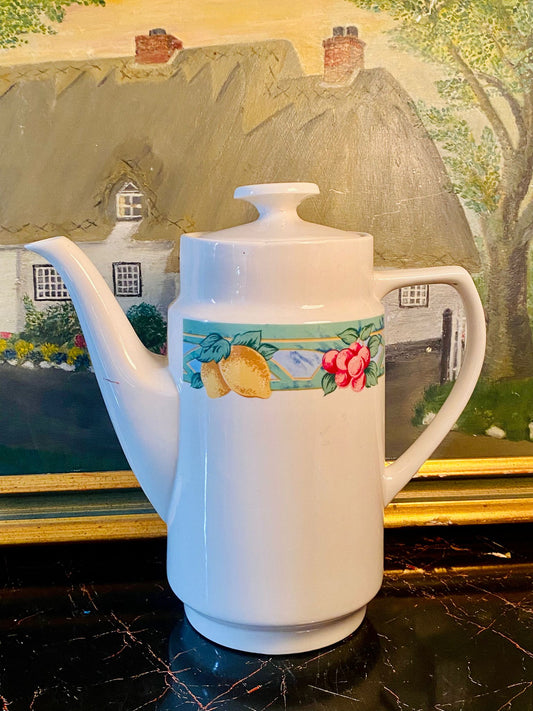 Vintage Large Porcelain Coffee Pot with Fruit Design – Lemon & Cherry Pattern