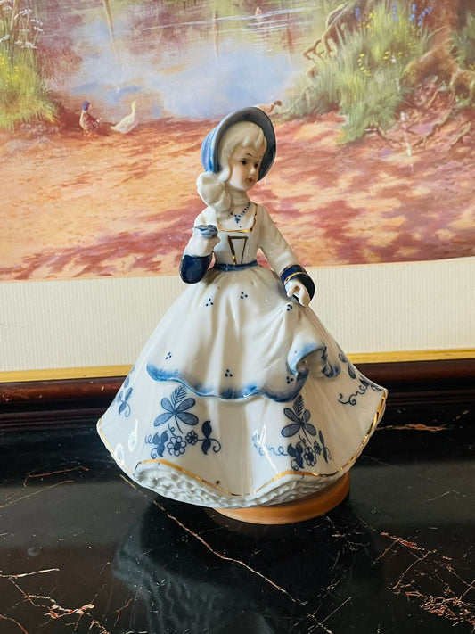 vintage porcelain figurine, musical lady statue, Victorian decor, rare thrift find, European collectible, antique music box lady, blue and white ceramic, heritage home decor, Sunset Kitchen vintage collection, elegant porcelain lady