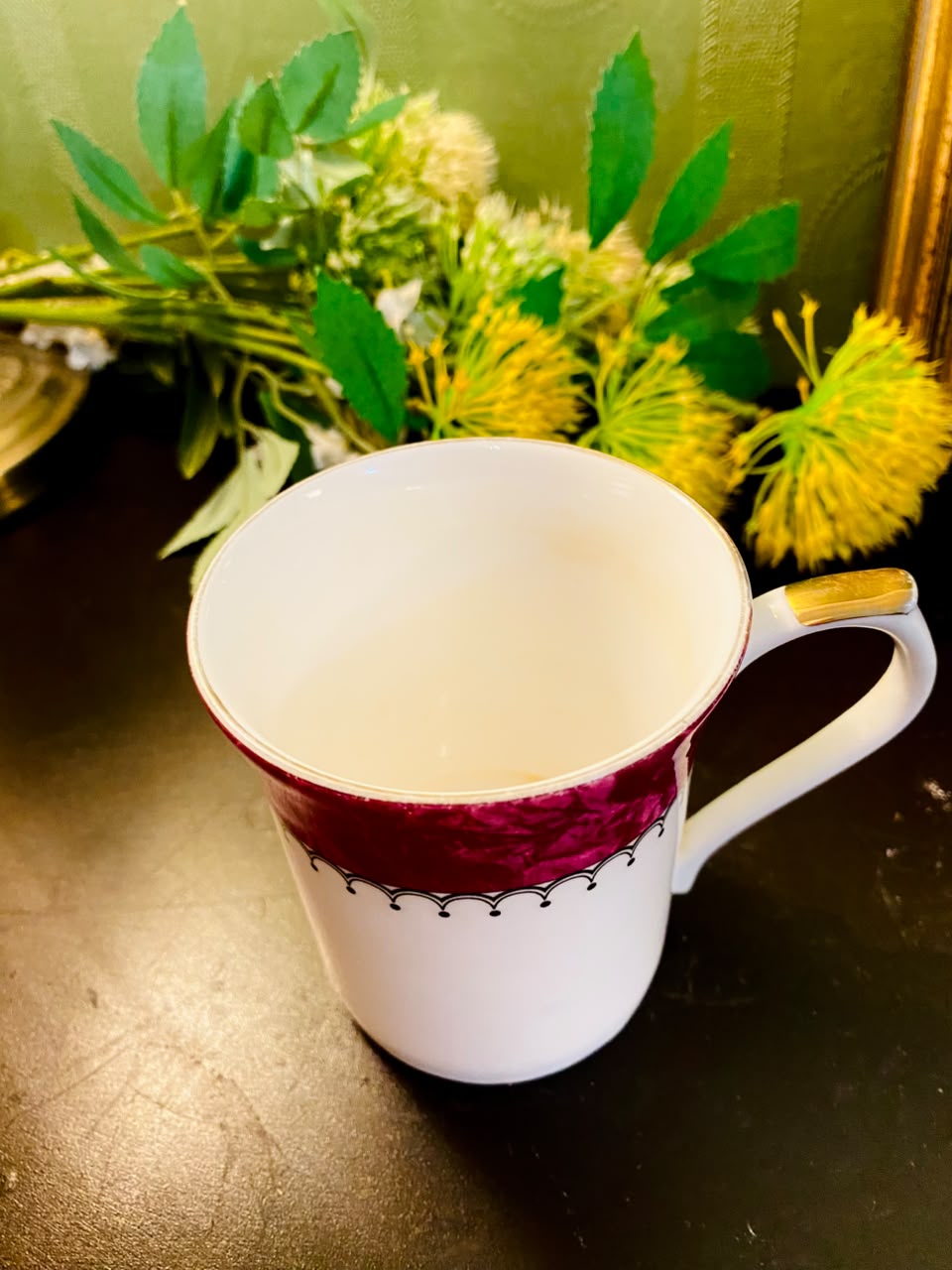 Burgundy & Gold Accent Ceramic Mug 4 Inch Elegant Tea Cup