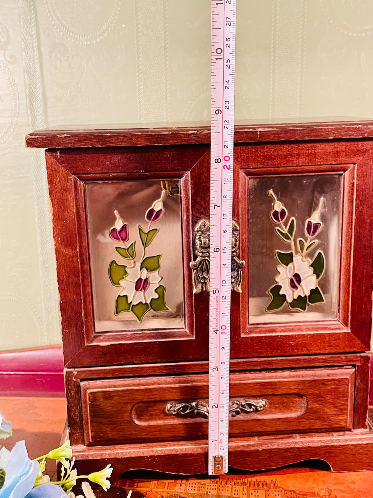 Wooden Jewellery Box with Floral Crystal Panels – 9 Inch