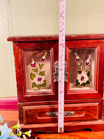 Wooden Jewellery Box with Floral Crystal Panels – 9 Inch