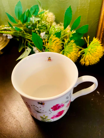 Pink Wildflower & Bumblebee Ceramic Mug 4 Inch