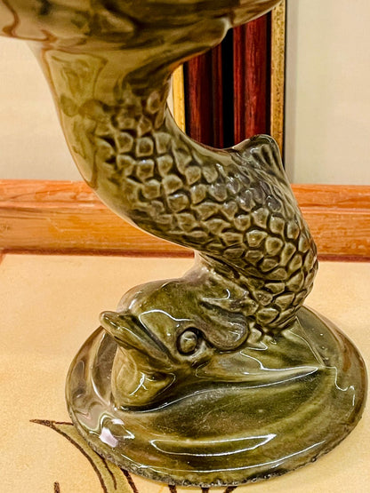 Vintage Dolphin Pedestal Dish – Green Glazed Ceramic Bowl
