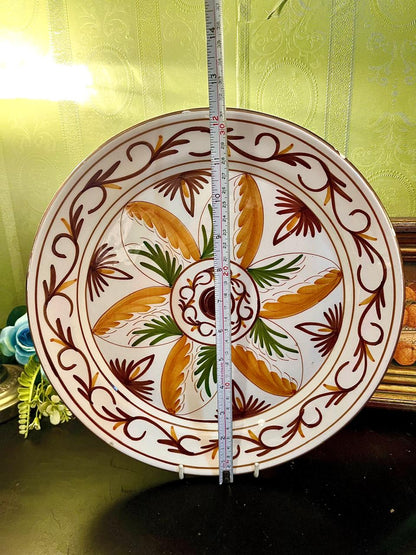 Large Hand-Painted Ceramic Serving Platter – Brown, Ochre & Green Floral Design