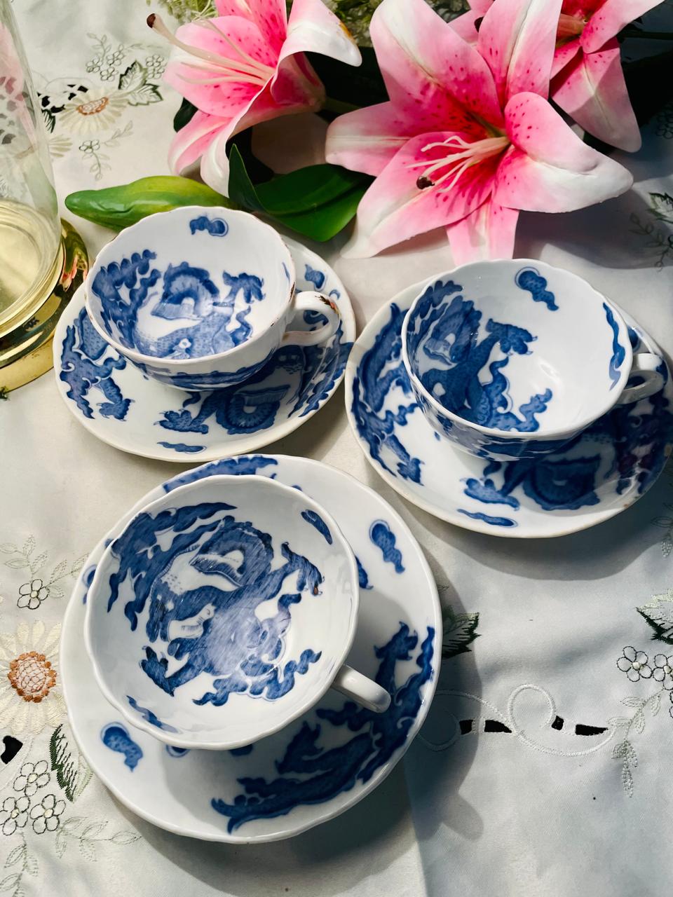 Vintage Coalport Blue Dragon Tea Cups & Saucers Set of 3 England