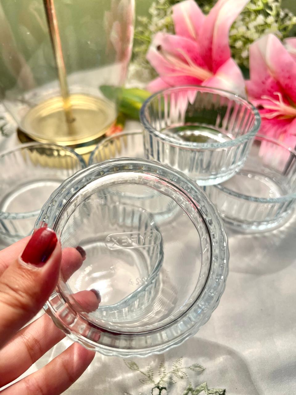 Pyrex Clear Ribbed Glass Bowls – 6 Piece Set, 4 Inch