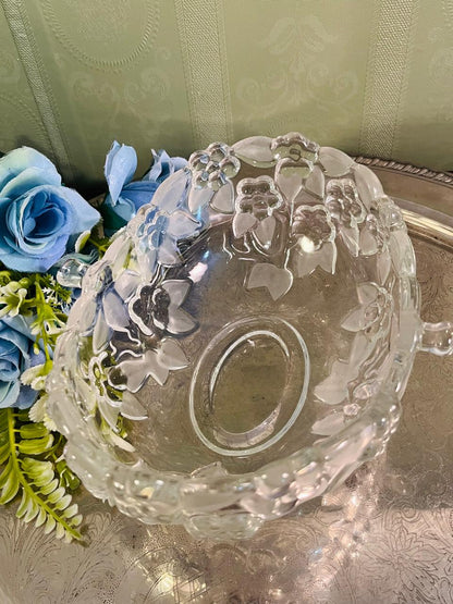 Vintage Pressed Crystal Floral Serving Bowl 20 cm Scalloped Rim