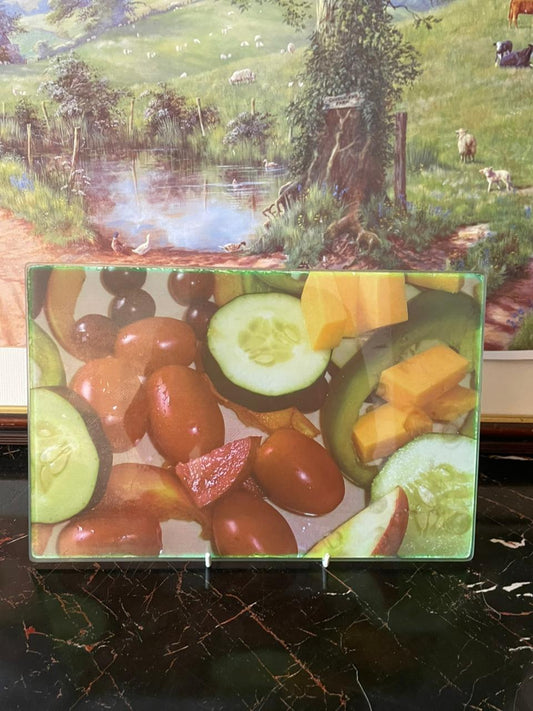 rare thrift finds, vintage glass chopping board, European kitchen collection, retro kitchenware, decorative chopping board, vintage kitchen decor Pakistan, salad print chopping board, curated vintage kitchen, sustainable kitchen thrift finds, colorful vintage serving board