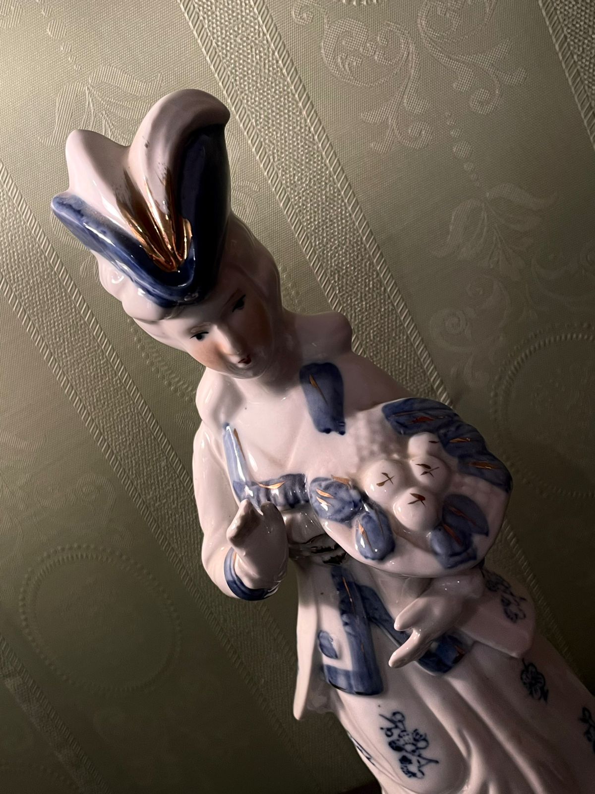 Vintage Porcelain Lady Figurine Holding Flowers Blue & White 12 Inch
