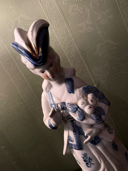 Vintage Porcelain Lady Figurine Holding Flowers Blue & White 12 Inch