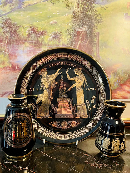 greek pottery, greek decorative plate, greek vases, black gold greek ceramics, greek mythology décor, ancient greek art, collectible greek set, greek home décor, grecian pottery, handmade greek ceramics, mythological greek design