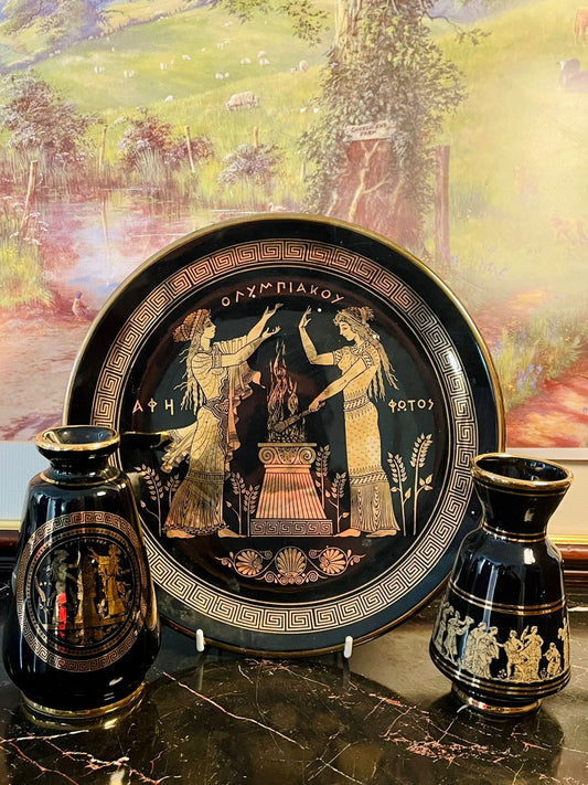 greek pottery, greek decorative plate, greek vases, black gold greek ceramics, greek mythology décor, ancient greek art, collectible greek set, greek home décor, grecian pottery, handmade greek ceramics, mythological greek design