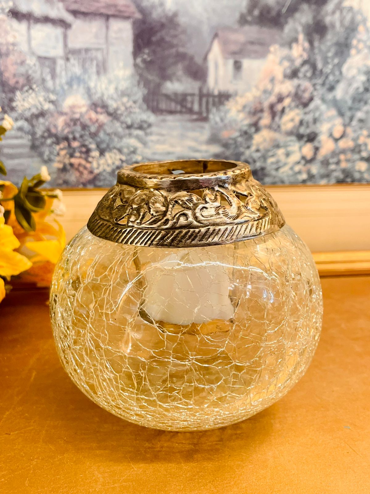 Vintage Crackle Glass Candle Holder – Antique Metal Rim
