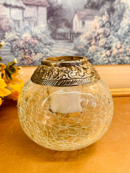 Vintage Crackle Glass Candle Holder – Antique Metal Rim