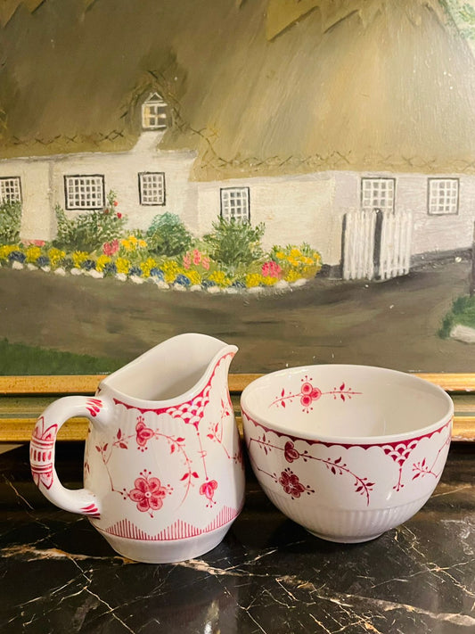 Franciscan Erica Creamer and Sugar Bowl – Small Pitcher Pink & White Ceramic