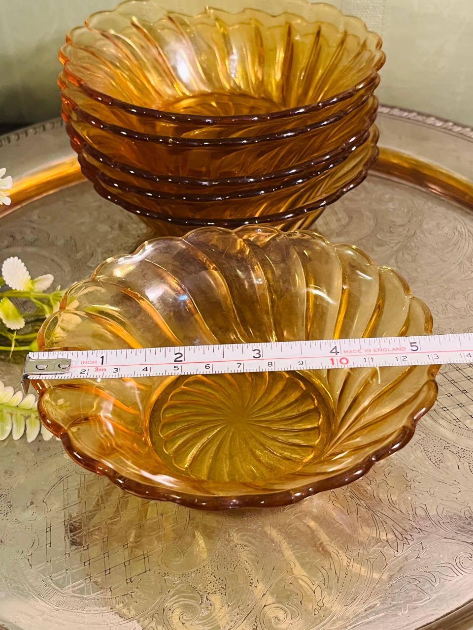 Vintage Amber Crystal Dessert Bowls Set of 6 – 13 cm Swirl Design