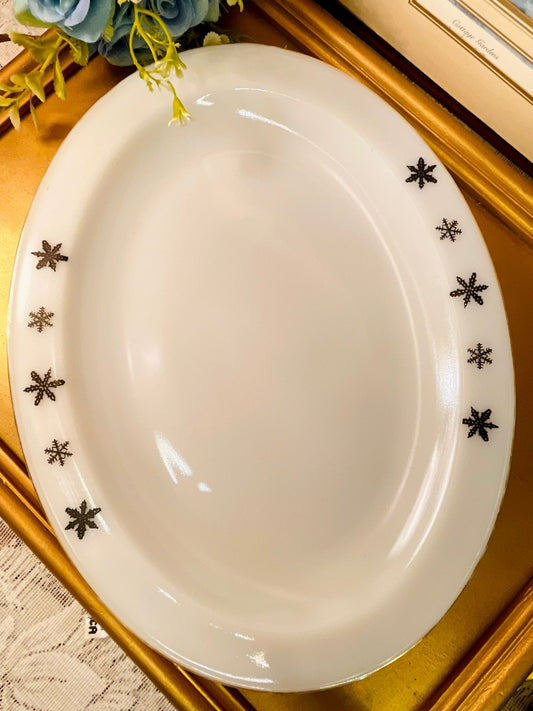 Vintage White Oval Dish with Snowflake Border