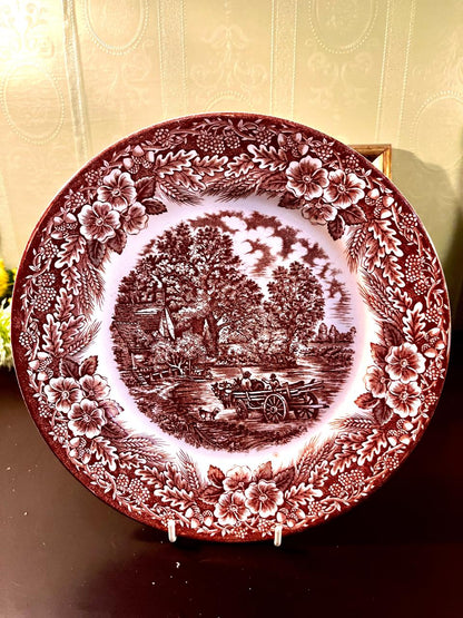 Vintage Brown Transferware Country Scene Plate – 10 Inch