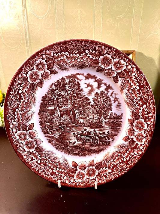 Vintage Brown Transferware Country Scene Plate – 10 Inch