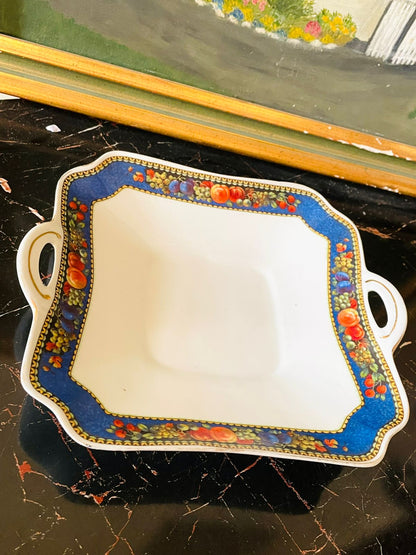 Vintage English Square Handled Serving Plater – Blue Border with Fruit & Vine Pattern