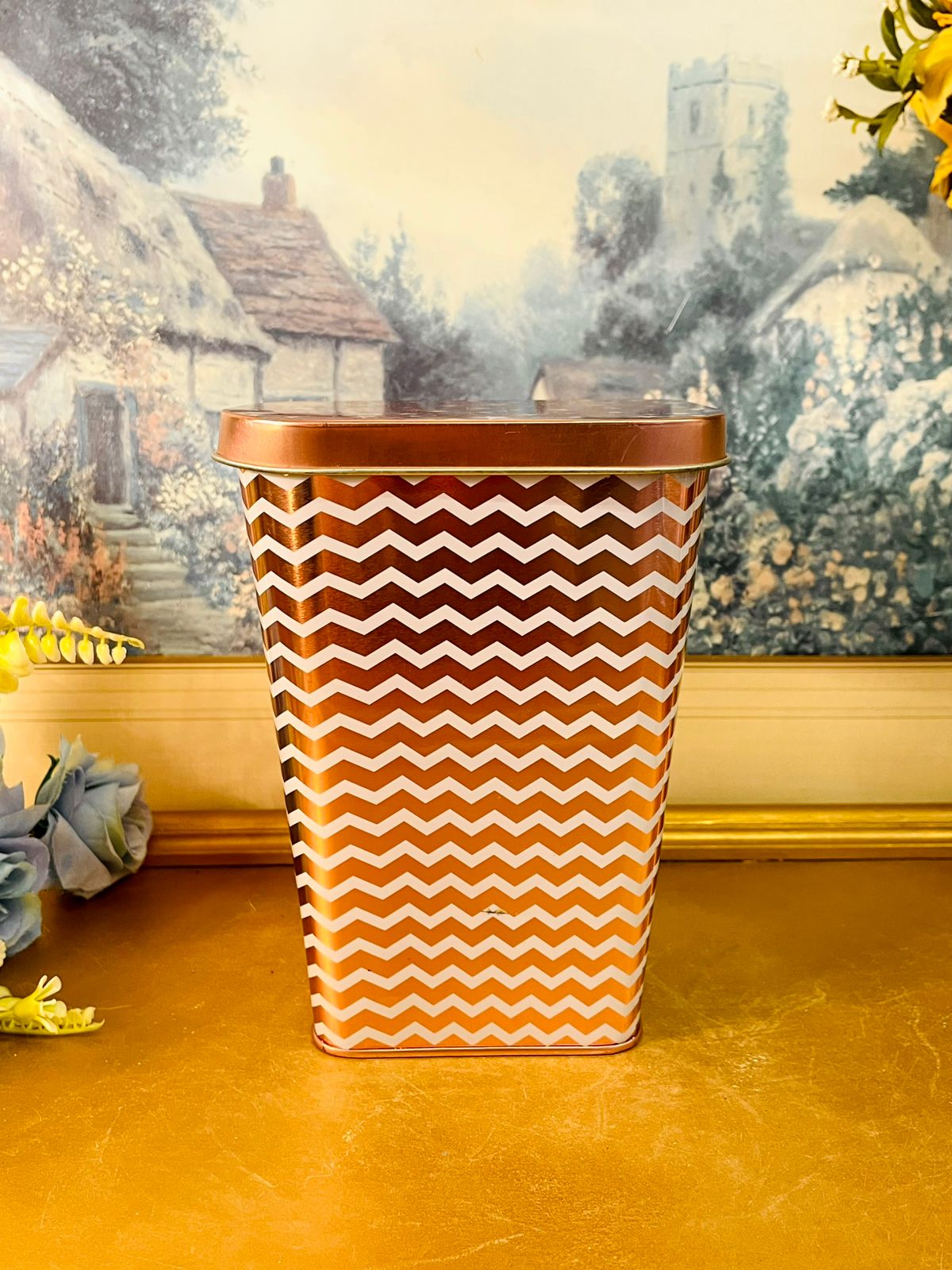 Vintage Chevron Pattern Metal Storage Tin with Lid
