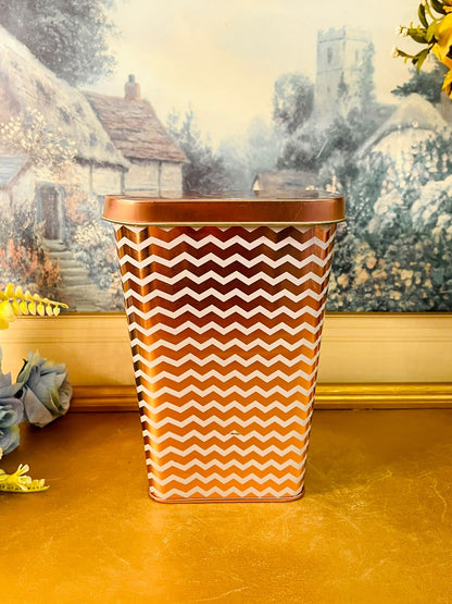 Vintage Chevron Pattern Metal Storage Tin with Lid