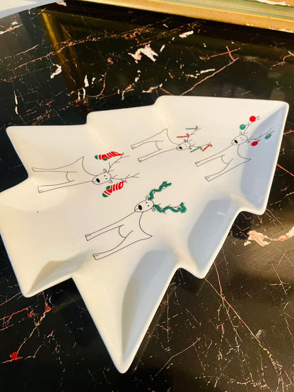 Christmas Tree Shaped Porcelain Serving Plate – Festive Reindeer Holiday Dish